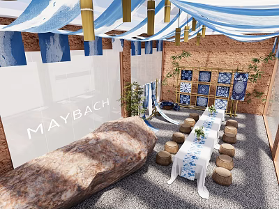 Maybach Display Area Featuring Blue White Striped Canopies Brick Walls Long Table And Stone Stools 3d model