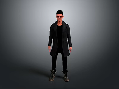 The Man In Black Coat With Black Shirt Pants And Boots Standing Pose 3d model