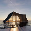 Modern Waterfront Architectural Design With Curved Glass Facade And Reflective Water Surface