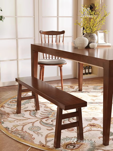Elegant Dining Table Set With Wooden Bench Chairs And Patterned Rug 3d model 