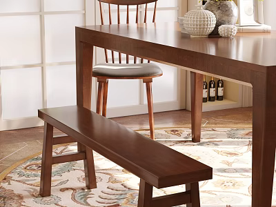Elegant Dining Table Set With Wooden Bench Chairs And Patterned Rug 3d model