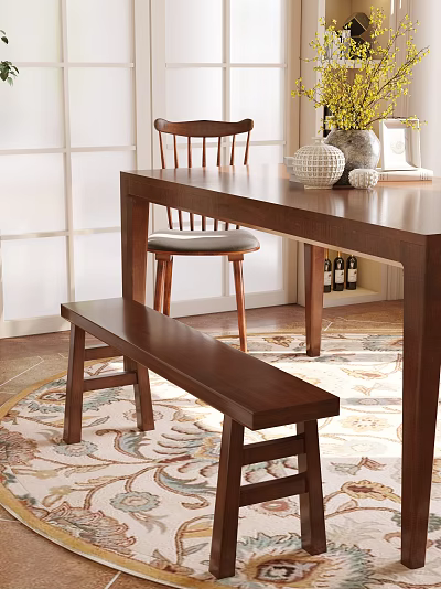 Elegant Dining Table Set With Wooden Bench Chairs And Patterned Rug 3d model