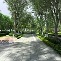 Scenic Garden Landscape With Wide Stone Pathway Tall Trees Neat Hedges And Lush Lawns