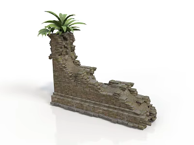Modern Interior Scene Featuring Broken Brick Wall And Lush Green Plant Decor 3d model