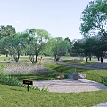 Scenic Park Landscape Featuring Lush Green Lawn Tall Trees Wooden Path And Circular Gravel Area