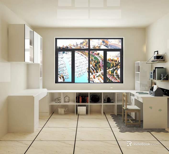 Home Study Room Interior With White Cabinets Large Window Scenic View Bookshelf Desk And Chair 3d model 