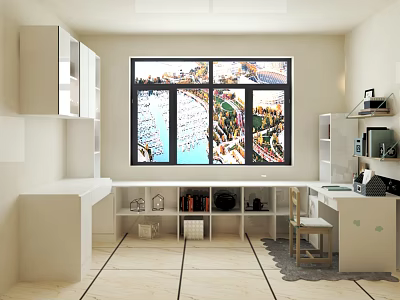 Home Study Room Interior With White Cabinets Large Window Scenic View Bookshelf Desk And Chair 3d model