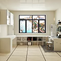 Home Study Room Interior With White Cabinets Large Window Scenic View Bookshelf Desk And Chair