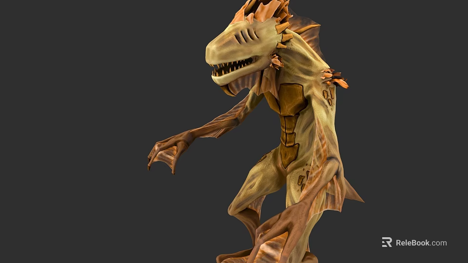 Mythical Creature Character With Dinosaur Like Head Sharp Teeth And Wooden Texture 3d model 