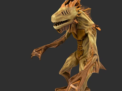 Mythical Creature Character With Dinosaur Like Head Sharp Teeth And Wooden Texture 3d model