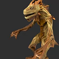 Mythical Creature Character With Dinosaur Like Head Sharp Teeth And Wooden Texture