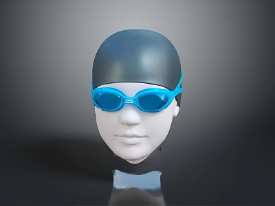 Blue Swim Goggles and Black Swim Cap on White Mannequin Head for Swimming 3d model