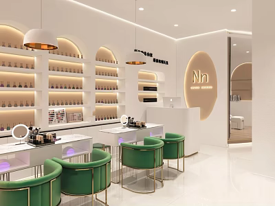 Modern Beauty Hair Salon Interior With Green Chairs And Product Shelves 3d model