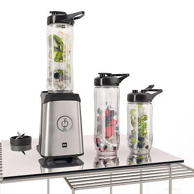 Modern Kitchen Blender With Transparent Cups Containing Green Vegetables And Red Fruits 3d model