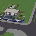Modern Sales Office Building Exterior With Glass Curtain Wall Water Feature Steps Lighting And Greenery 3d model