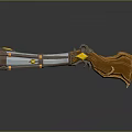 Silver Metallic Blaster Weapon With Long Cylindrical Body Yellow Accents And Brown Tassel Details