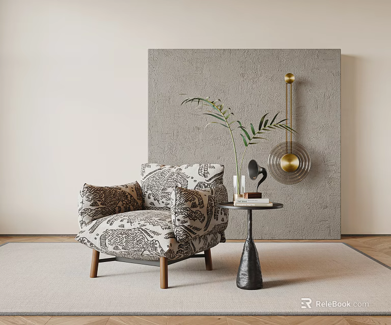 Patterned Single Sofa With Side Table Decorative Vase Grey Wall Metal Decor 3d model 