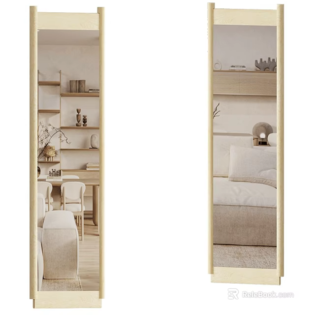 Decorative Full Length Mirrors In Modern Interior Dining Bedroom With Bookshelves Bed Pillows And Decor 3d model 