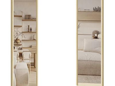 Decorative Full Length Mirrors In Modern Interior Dining Bedroom With Bookshelves Bed Pillows And Decor 3d model