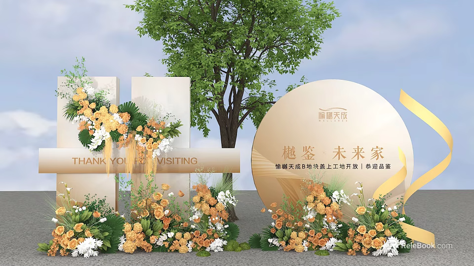 Elegant Floral Installation With Orange White Flowers Circular Board Columns And Tree 3d model 