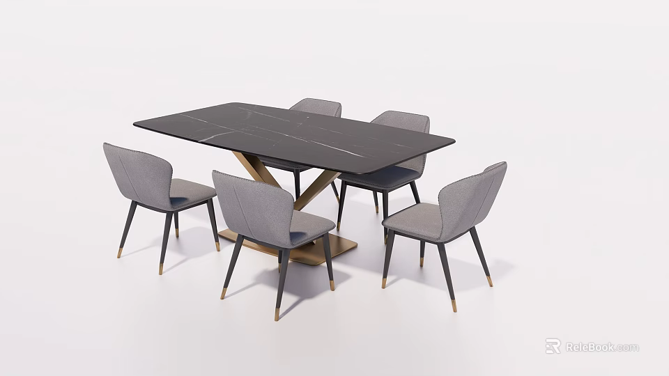 Modern Dining Table Set With Rectangular Dark Tabletop Light Gray Chairs And Black Gold Legs 3d model