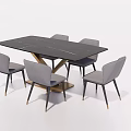 Modern Dining Table Set With Rectangular Dark Tabletop Light Gray Chairs And Black Gold Legs 3d model