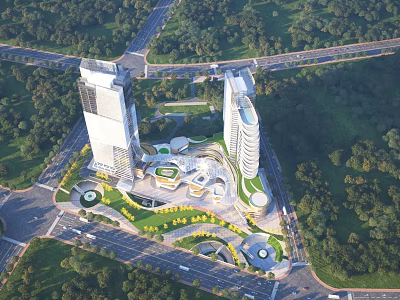 Aerial View Urban Planning with Modern Tall Buildings Green Spaces and Roads 3d model