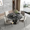 Modern Round Black Dining Table Set with Four Light Gray Chairs City View Green Plant