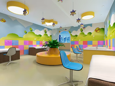 Kids Swimming Pool With Colorful Walls Star Decorations Green Plants And Blue Chairs 3d model