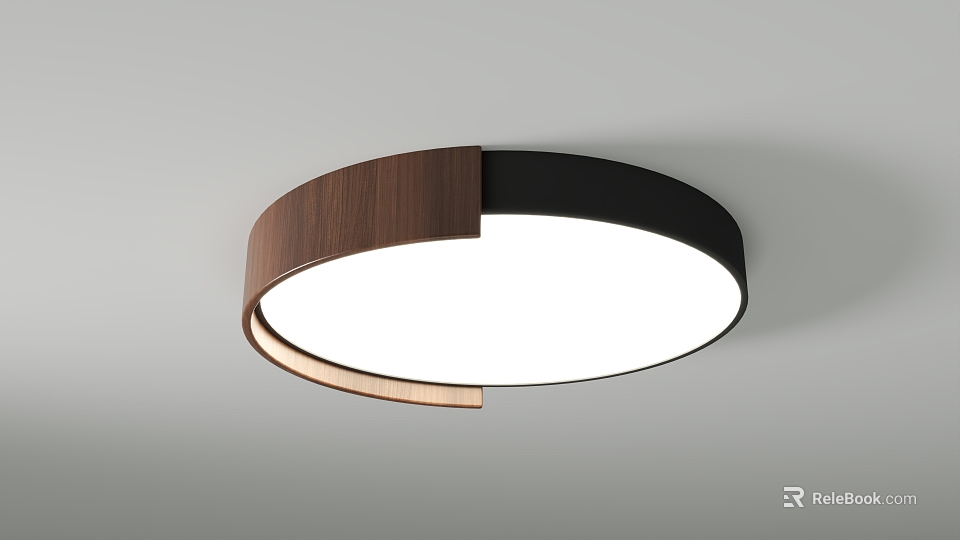 Modern Round Ceiling Light With Wooden And Black Frame And Bright White Illumination 3d model 