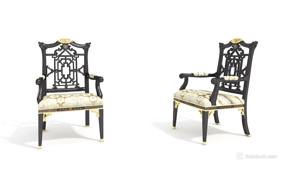 Accent Chairs With Black Frame Carved Openwork Backrest Gold Accents And Light Patterned Upholstery 3d model 