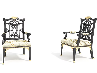 Accent Chairs With Black Frame Carved Openwork Backrest Gold Accents And Light Patterned Upholstery 3d model
