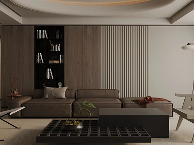 Modern Living Room Interior With Brown L shaped Sofa Black Bookshelf And Grid Coffee Table 3d model