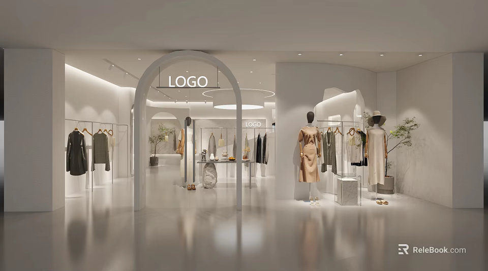 Fashion Clothing Store Modern White Interior With Mannequins And Clothes Display Racks 3d model 