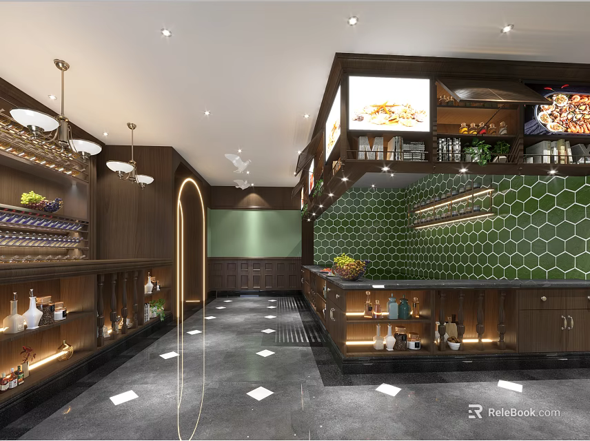 Modern Restaurant Interior With Wooden Shelves Green Hexagon Tiles Pendant Lights And Bar Counter 3d model 