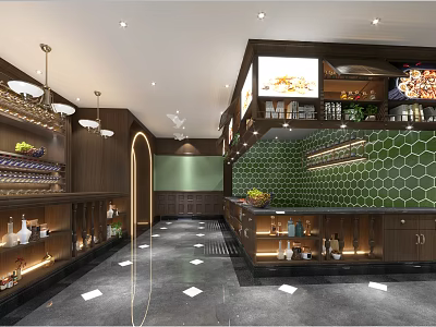 Modern Restaurant Interior With Wooden Shelves Green Hexagon Tiles Pendant Lights And Bar Counter 3d model