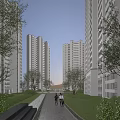 Tall Modern Residential Buildings With Lush Greenery Pathway And Evening Lights People Walking