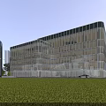 Modern Office Building Exterior With Glass Curtain Wall Front Lawn And Vehicles
