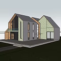 Modern Detached House With Blue Roof Wooden Panels Large Windows And Lawn
