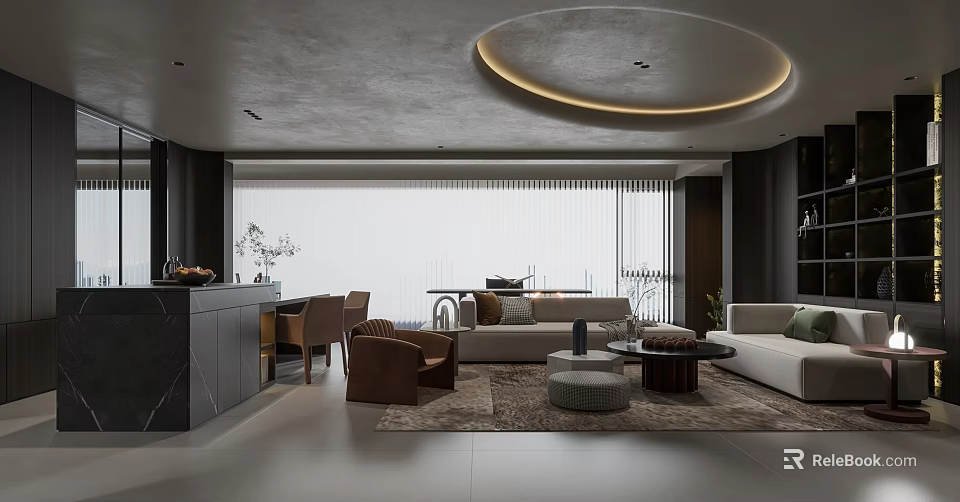 Modern Living Dining Room Interior With Round Ceiling Light Sofa And Dining Table 3d model