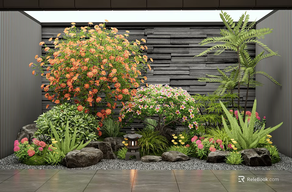 Indoor Landscape Design With Dark Stone Wall Various Plants Rocks And Decorative Lantern 3d model 