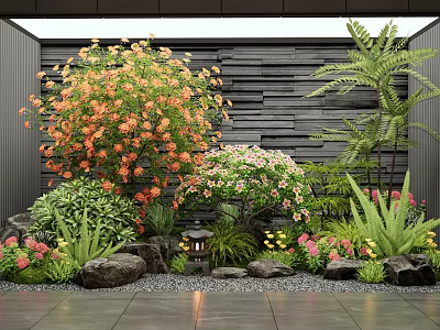 Indoor Landscape Design With Dark Stone Wall Various Plants Rocks And Decorative Lantern 3d model