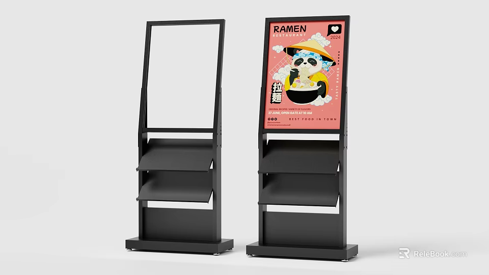 Floor Standing Ramen Advertising Sign With Panda Cartoon Design Pink Background And Multi Layer Shelves 3d model 