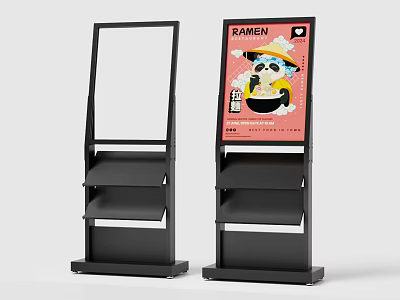 Floor Standing Ramen Advertising Sign With Panda Cartoon Design Pink Background And Multi Layer Shelves 3d model