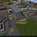 Modern Commercial Street With Pedestrian Plaza Green Lawn And Illuminated Shop Buildings