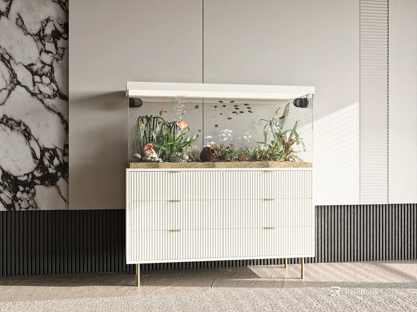 Modern Aquarium With Plants On White Cabinet In Decorated Room 3d model 