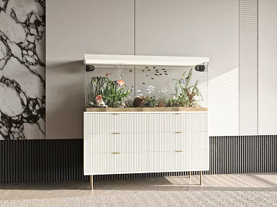 Modern Aquarium With Plants On White Cabinet In Decorated Room 3d model