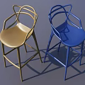Two Modern Stylish Bar Stools With Gold And Blue Curved Armrest Design 3d model