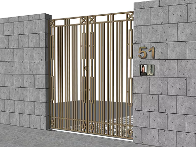 Golden Metal Fence Entrance Gate With Gray Stone Wall And Number 51 3d model