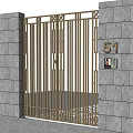 Golden Metal Fence Entrance Gate With Gray Stone Wall And Number 51